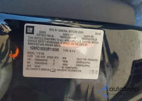 2009 Chevrolet Tahoe Hybrid z USA, uszkodzony, nr VIN 1GNFC135X9R119348